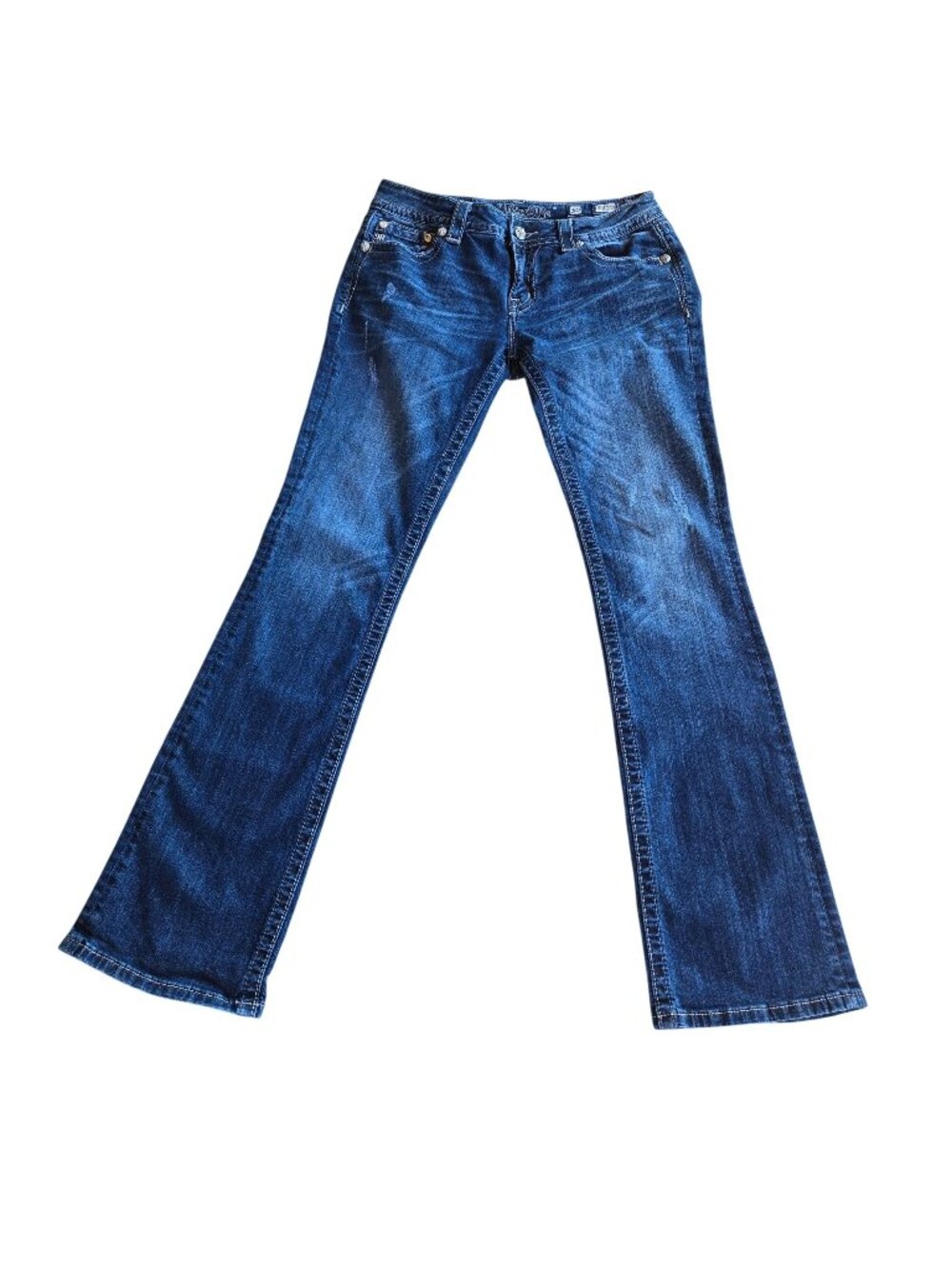 Miss Me Signature Rise Boot Low Rise Embellished Button Pocket Denim Blue Jeans